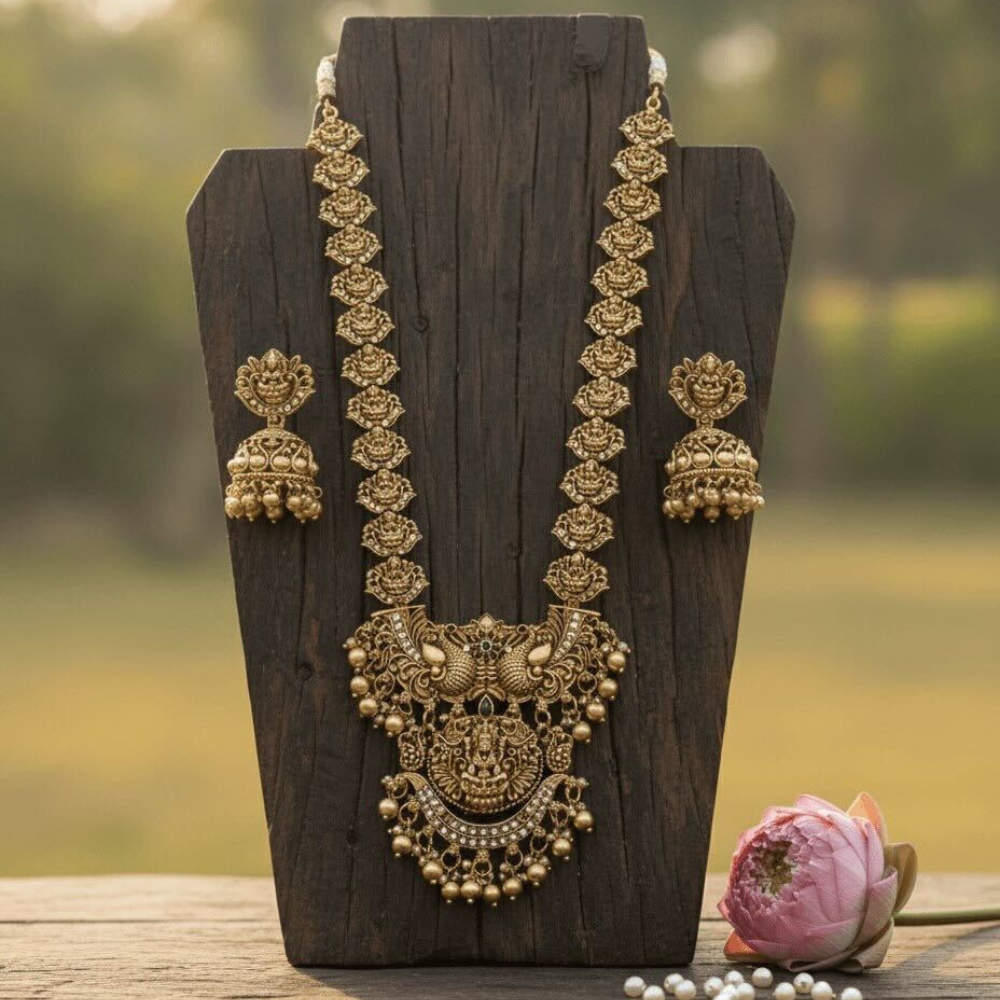 Antique Temple Gold Necklace Set with Earrings For Women