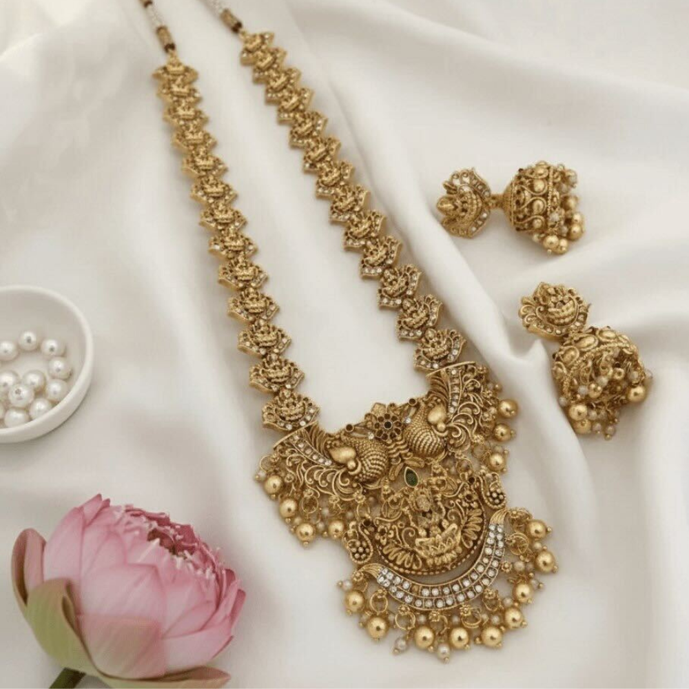 Antique Temple Gold Necklace Set with Earrings For Women