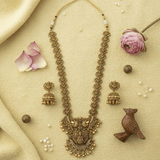 Antique Temple Gold Necklace Set with Earrings For Women
