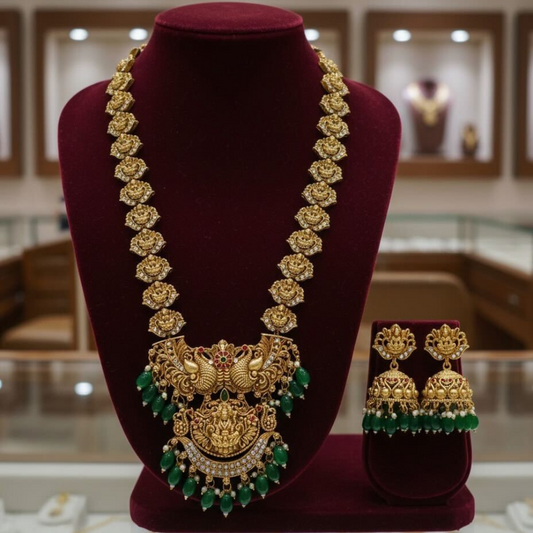 Designer Temple Jewelry – Gold Necklace with Emerald Green Drops For Women