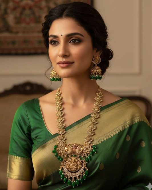 Designer Temple Jewelry – Gold Necklace with Emerald Green Drops For Women