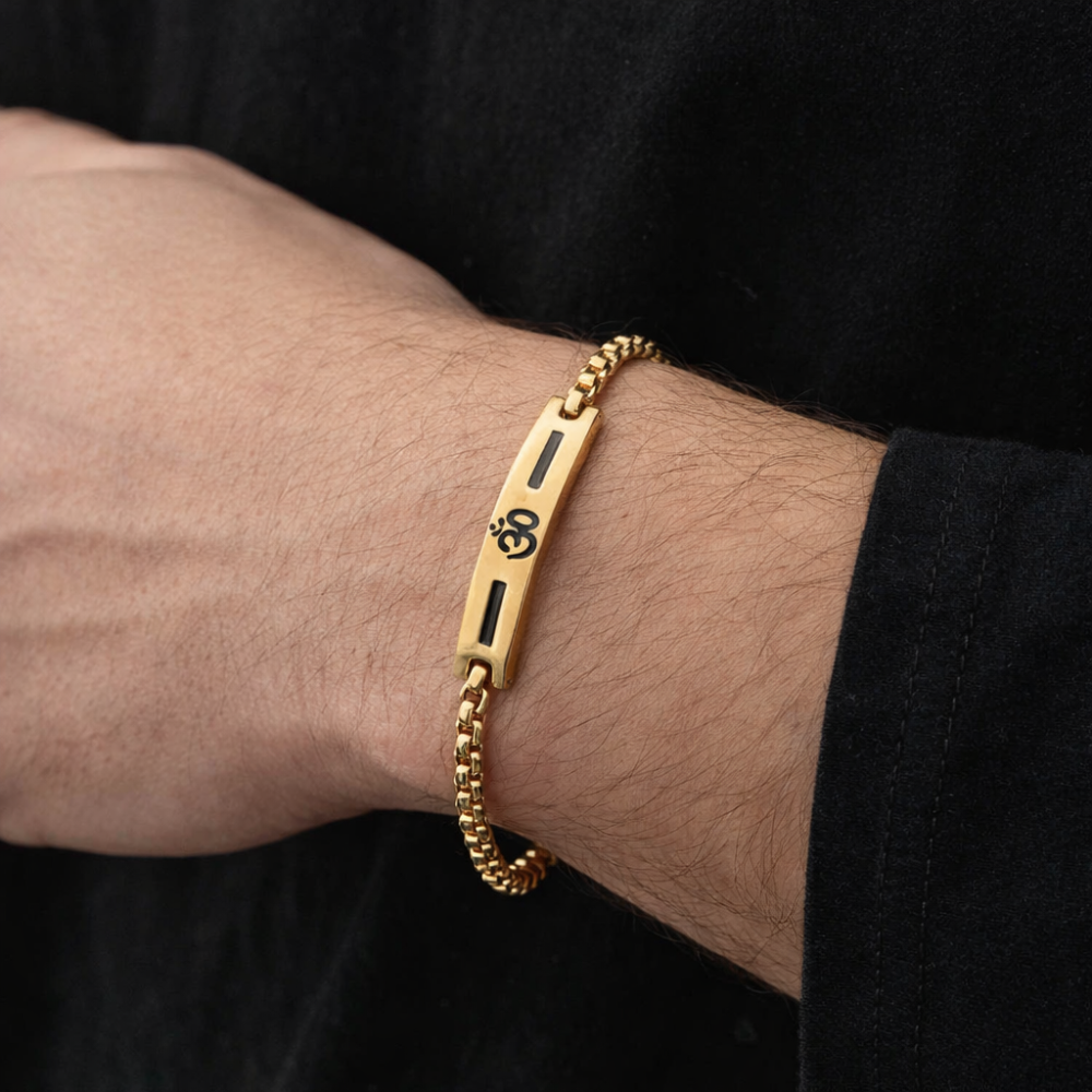 Premium Om Loose Gold Bracelet For Men With Black Line Pattern (8 Inch)