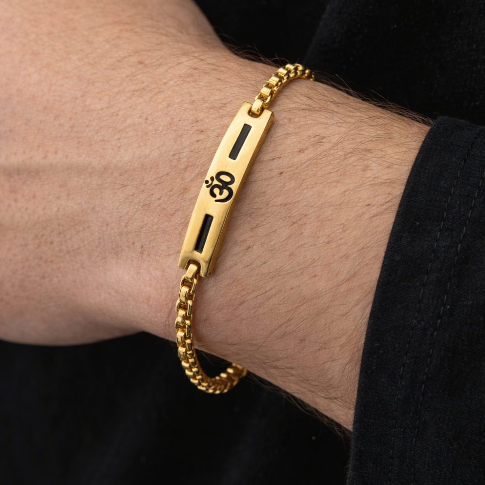Premium Om Loose Gold Bracelet For Men With Black Line Pattern (8 Inch)