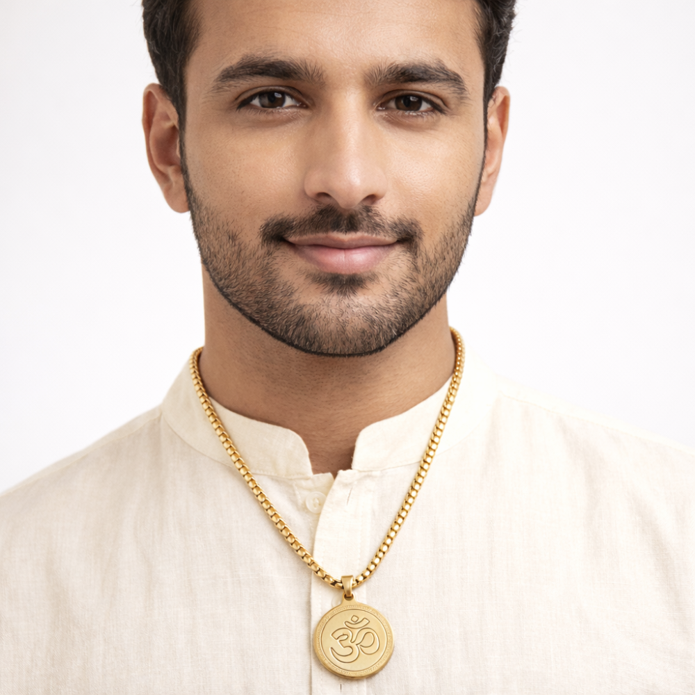 Om Pendant Gold Stainless Steel Necklace Chain For Men (24 Inch)