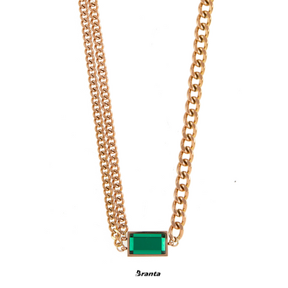 Rectangle Emerald Cuban Link Chain Necklace