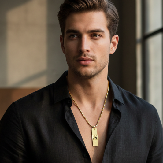 Om Pendant Dotted Design Gold Chain For Men (24 Inch)