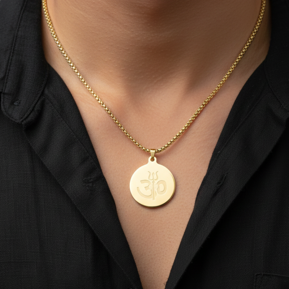 Om Trishul Pendant Gold Stainless Steel Necklace Chain For Men (24 Inch)