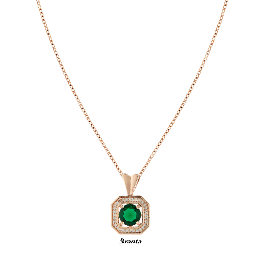 Green Round Emerald Pendant Rose Gold Necklace For Women