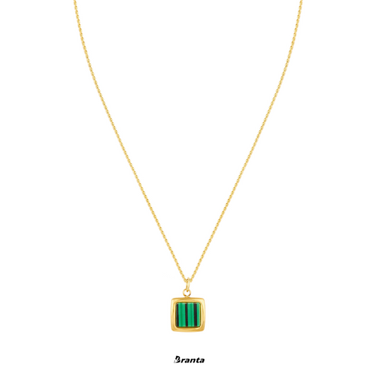 Gold Malachite Green Square Charm Pendant Necklace