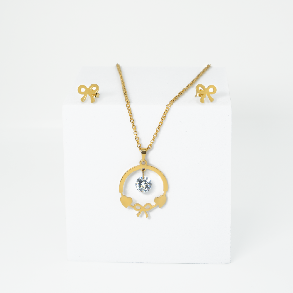 Gold Heart Pendant Necklace and Earring Set For Women