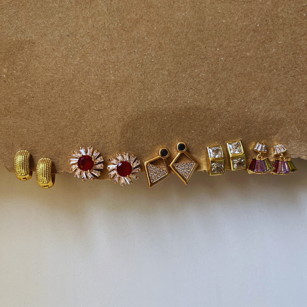 Set of 5 Gold Hoops and Flowers Earrings and Studs