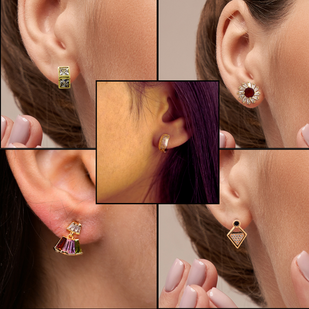 Set of 5 Gold Hoops and Flowers Earrings and Studs