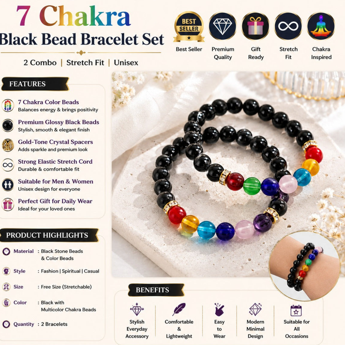 7 Chakra Black Stone Bracelet For Men Combo
