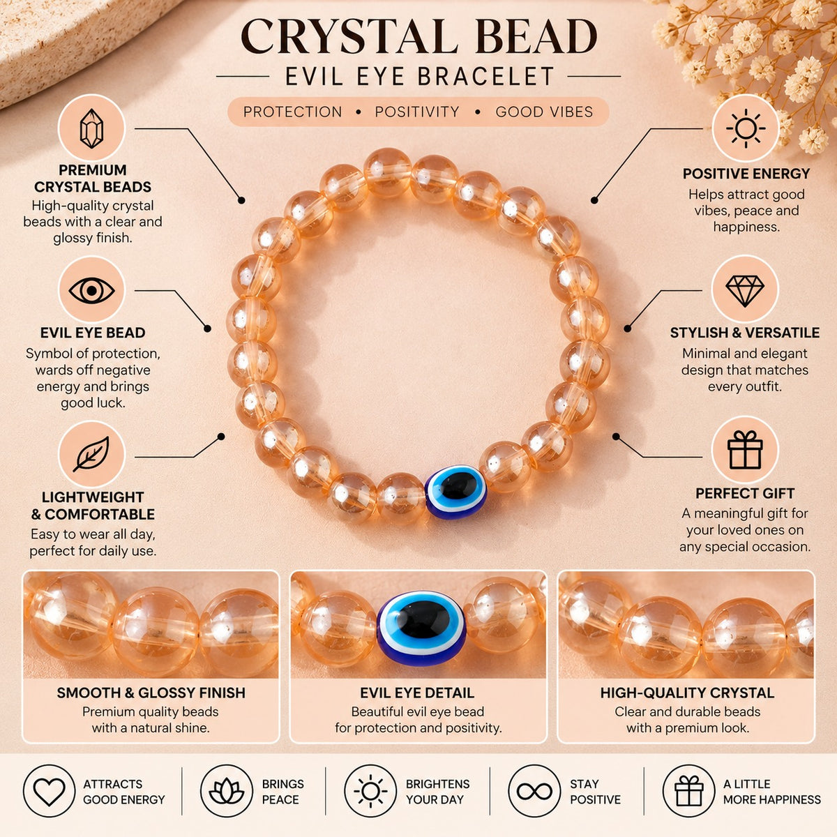 Citrine Dream Evil Eye Stone Bracelet For Women
