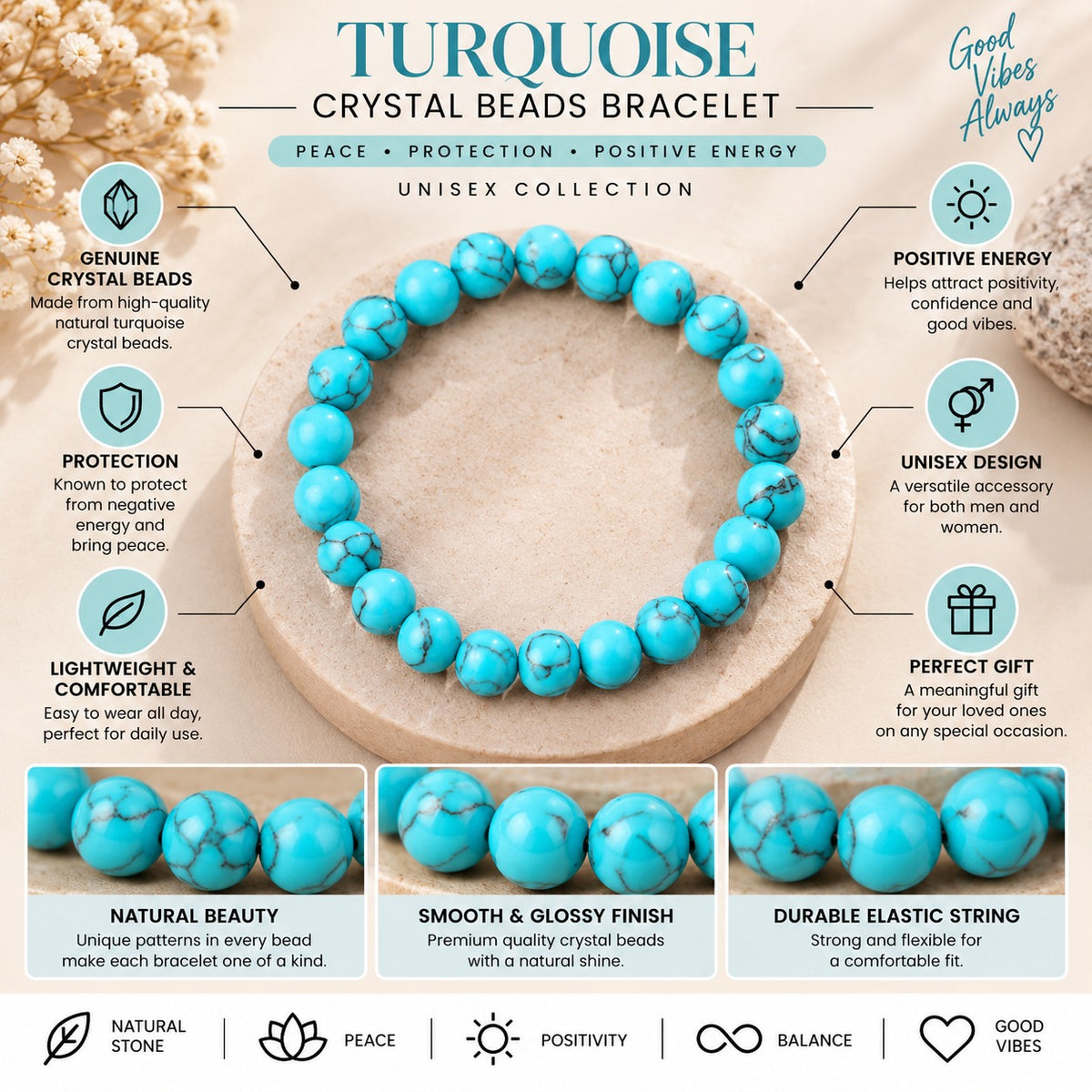 Turquoise Blue Natural Crystal Healing Bracelet For Women