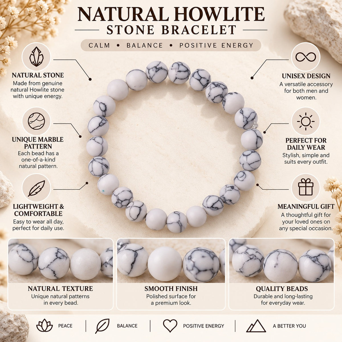 White Howlite Harmony Stone Bracelet For Women