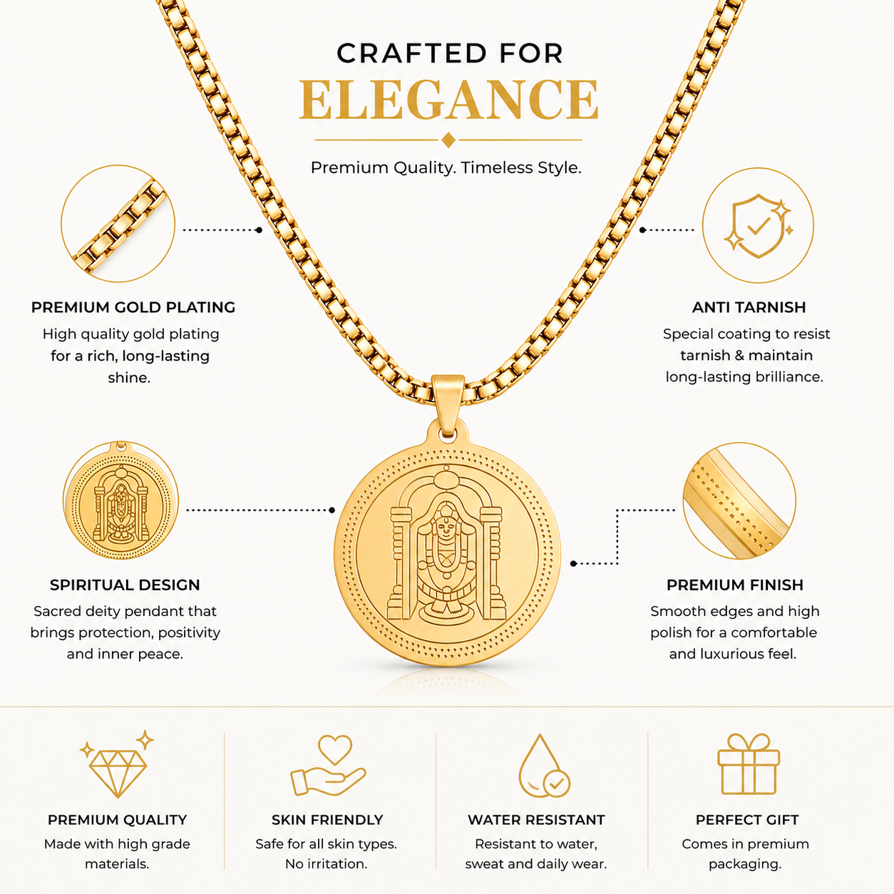 Divine Tirupati Balaji Pendant Gold Stainless Steel Necklace Chain For Men (24 Inch)
