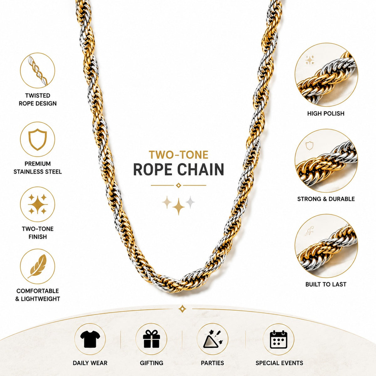 Branta Men's Gold & Silver Twist Chain (21.5 Inch)