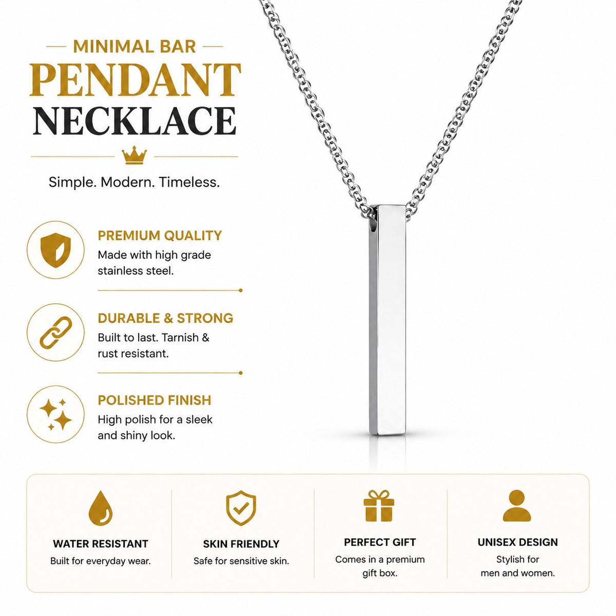 Silver Bar Pendant Chain Necklace For Men