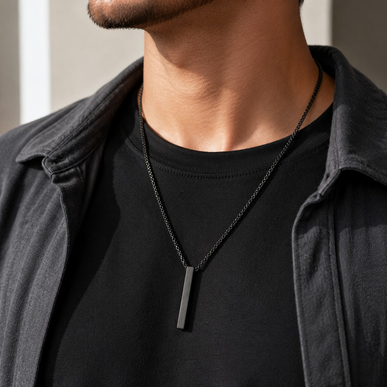 Black Bar Pendant Chain Necklace For Men