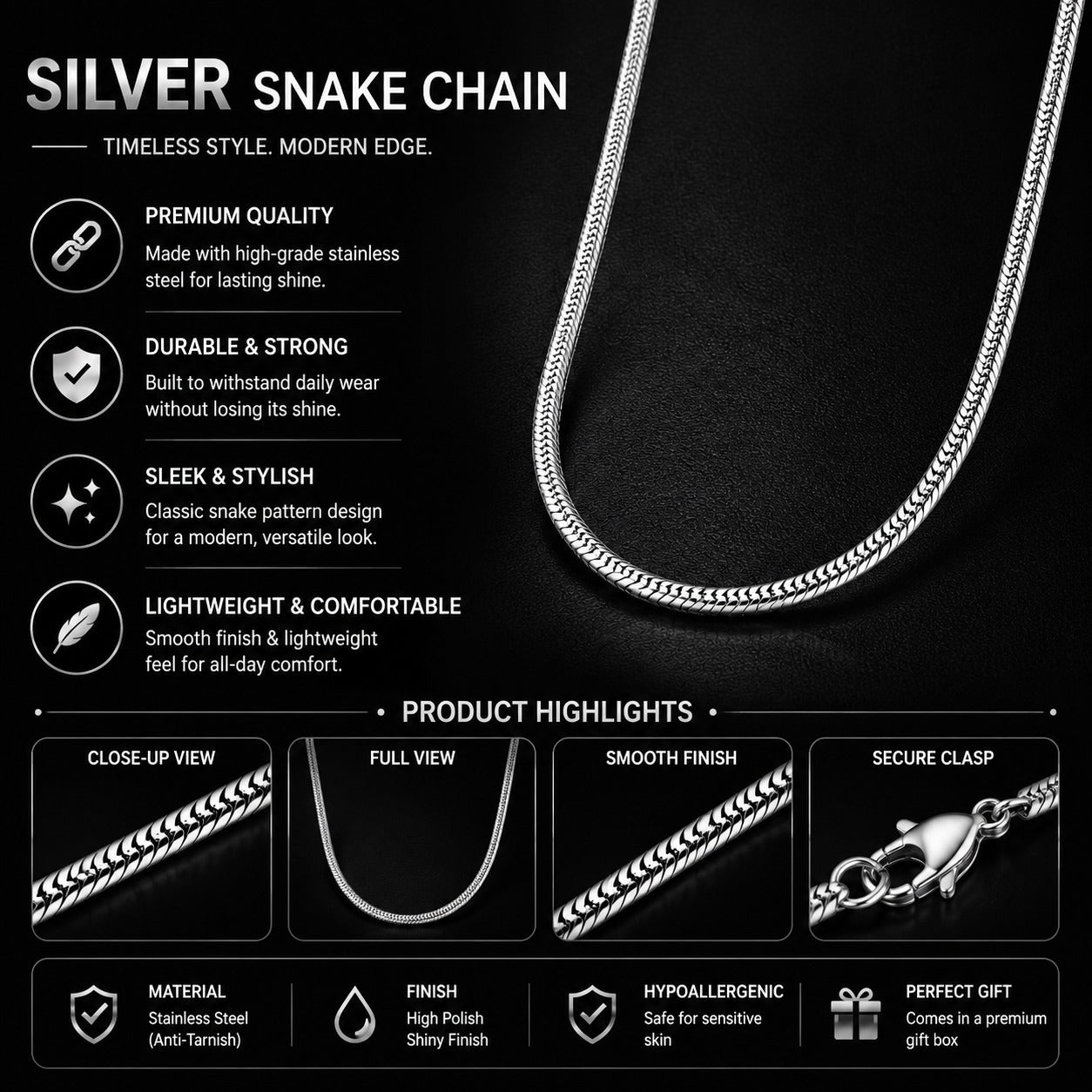 Silver Plated Snake Chain For Men
