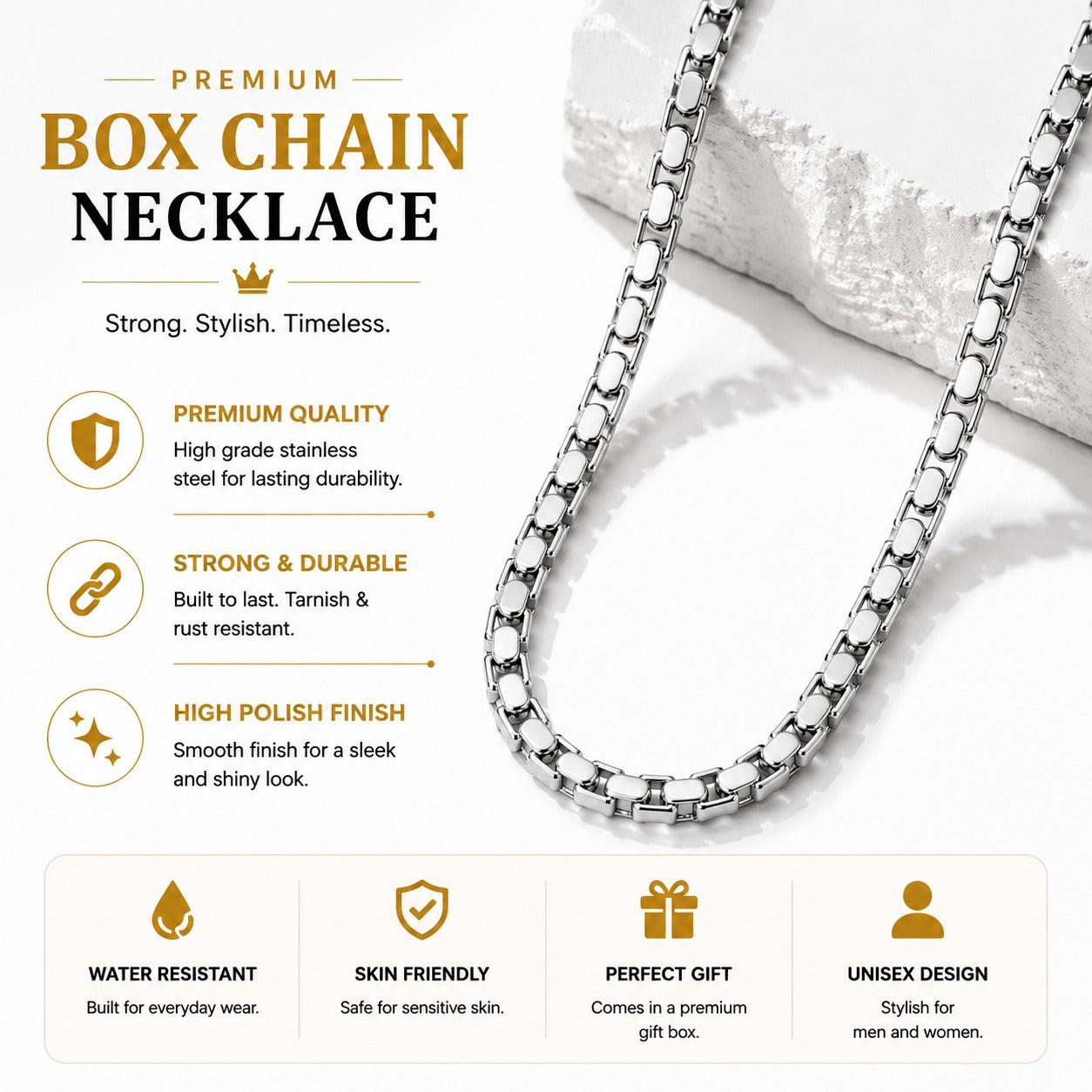Silver Stainless Steel Italian Box Chain For Men (21.5 Inch)