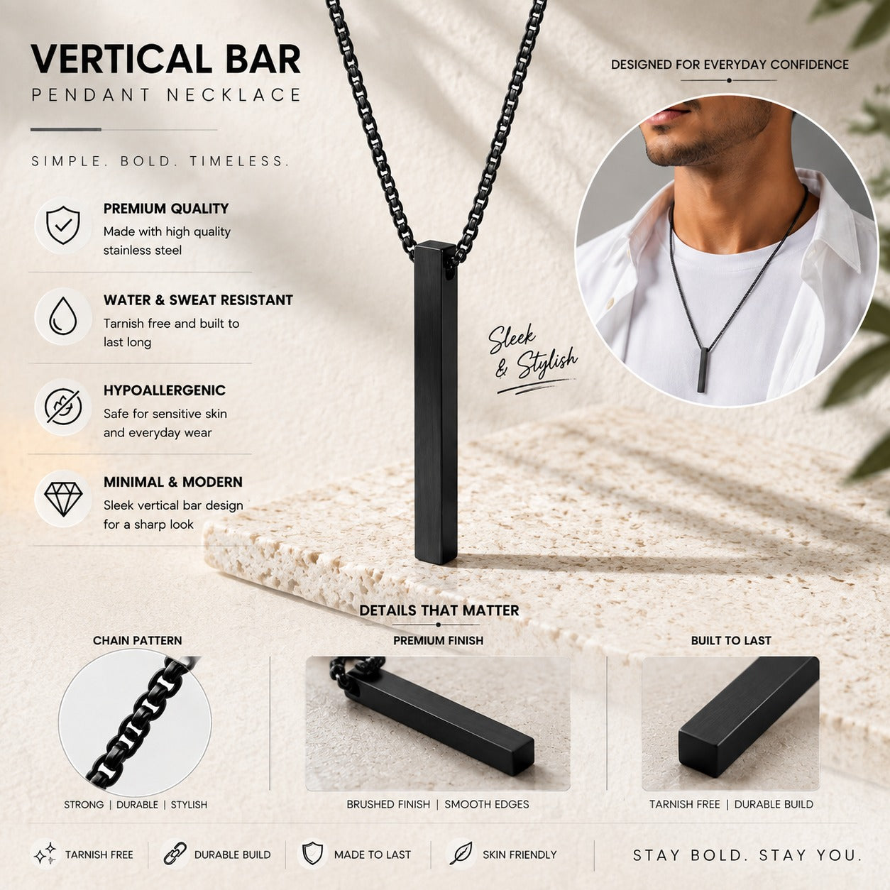 Black Bar Pendant Chain Necklace For Men