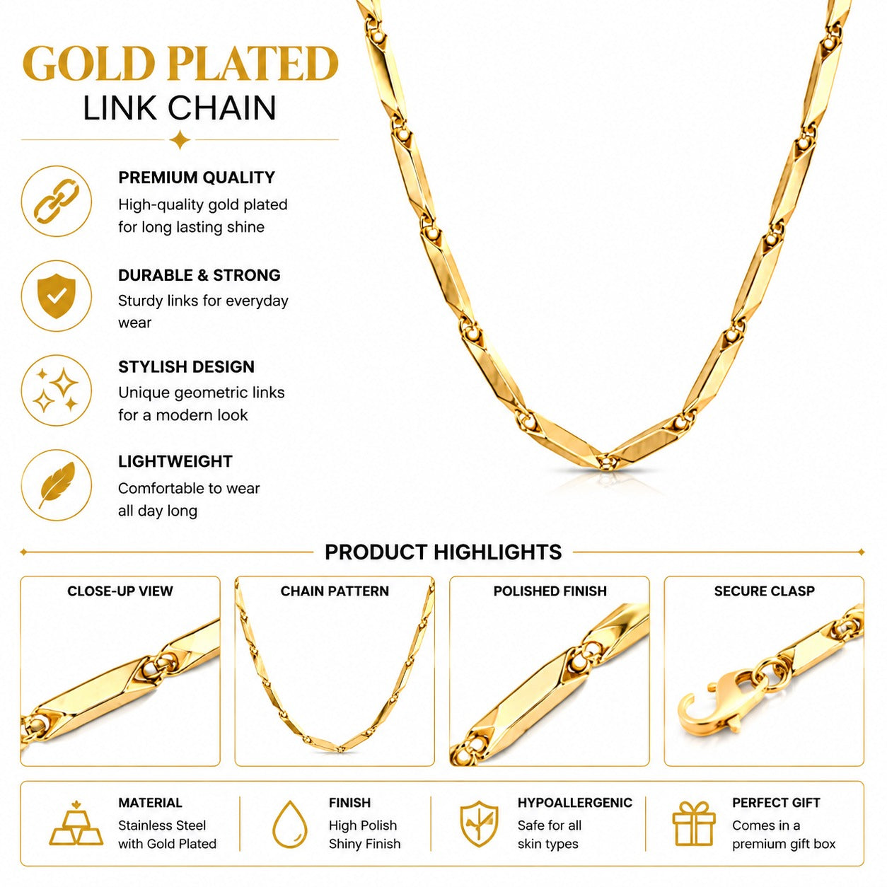 Gold Link Chain Necklace For Men & Women