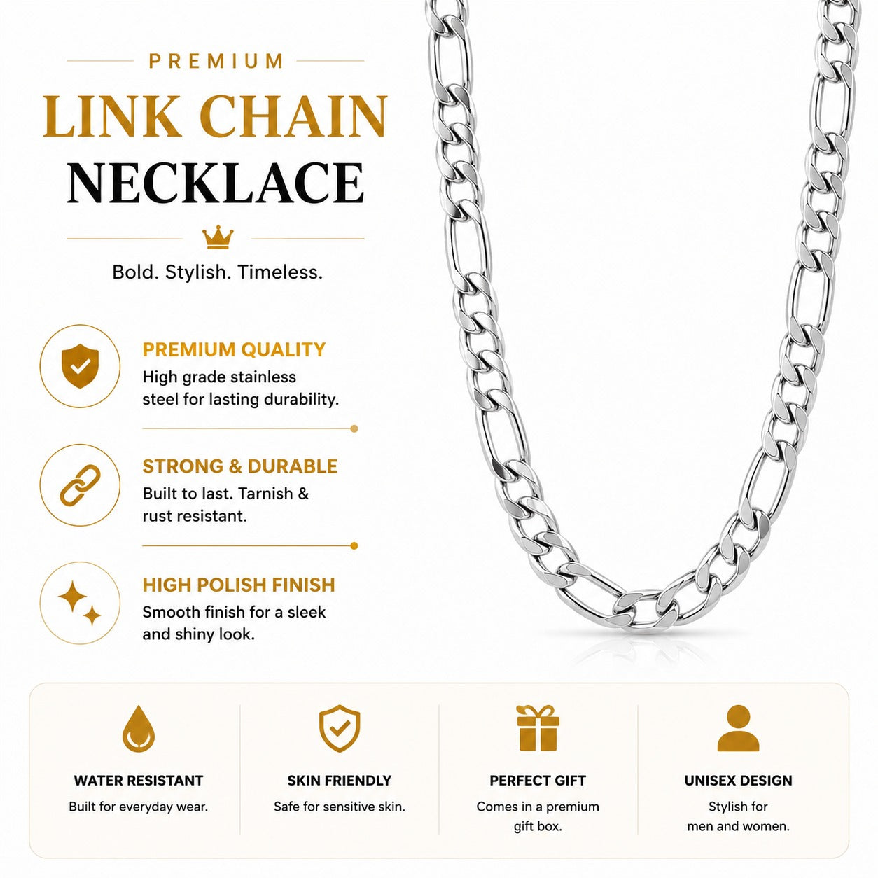 Premium Silver Figaro Link Chain Necklace ( 22 Inch )