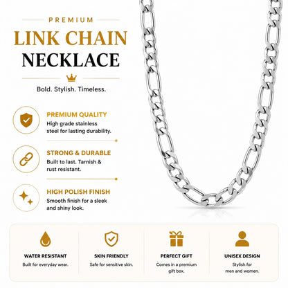 Premium Silver Figaro Link Chain Necklace ( 22 Inch )