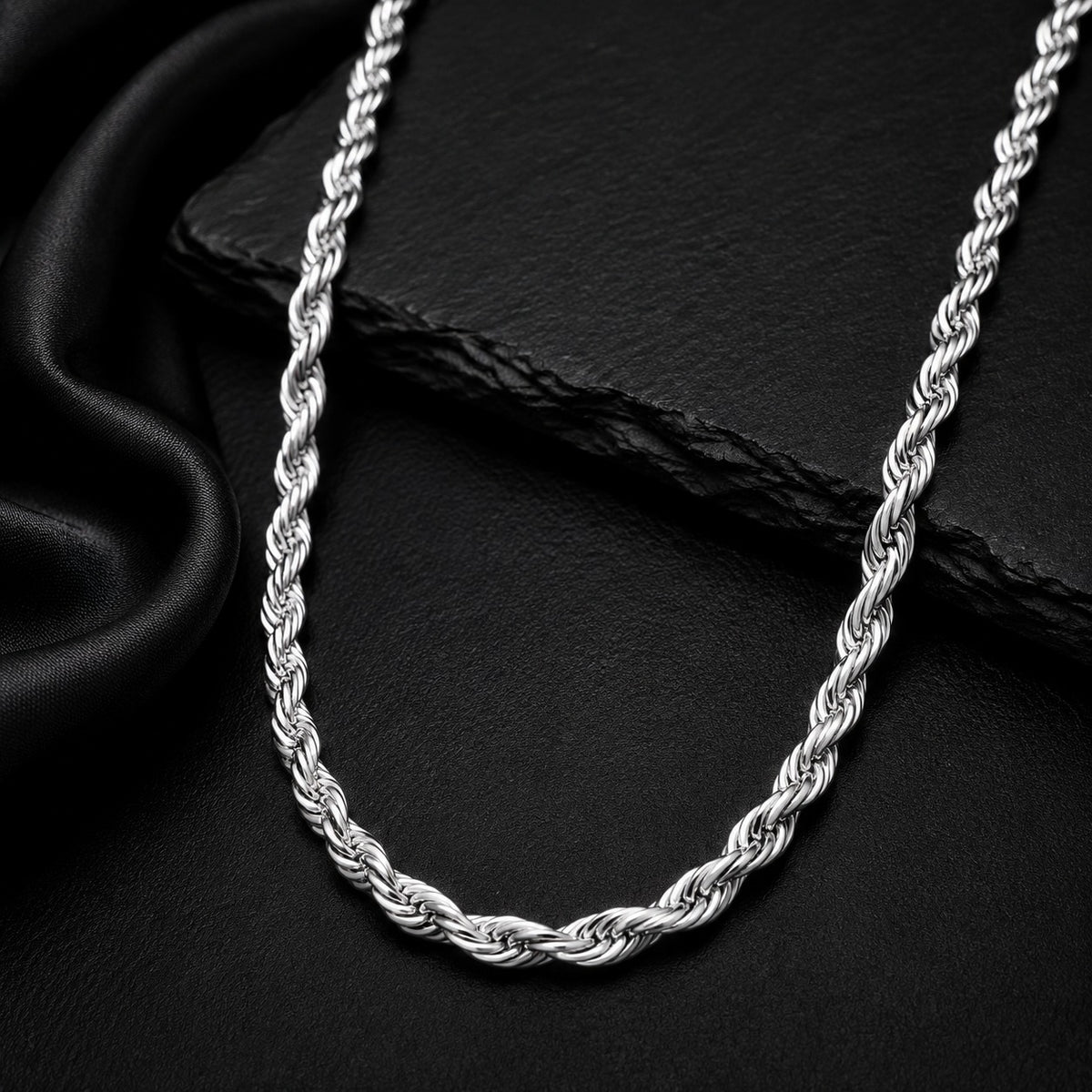 Silver Stainless Steel Rope Chain For Men ( 21.5 Inch)