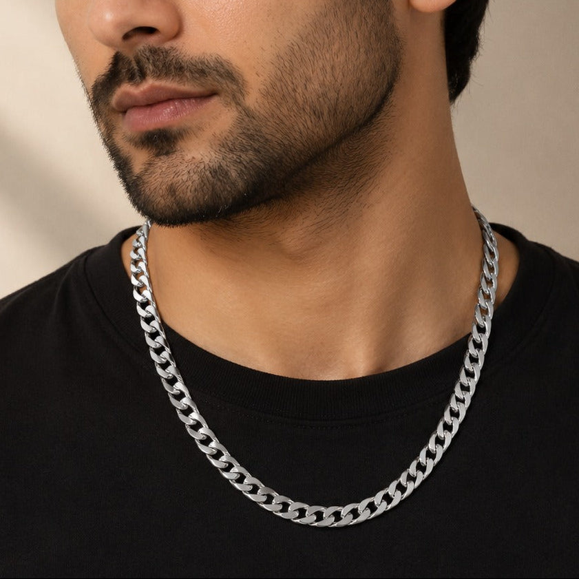 Silver Stainless Steel Curb Chain For Men (21.5 Inch)