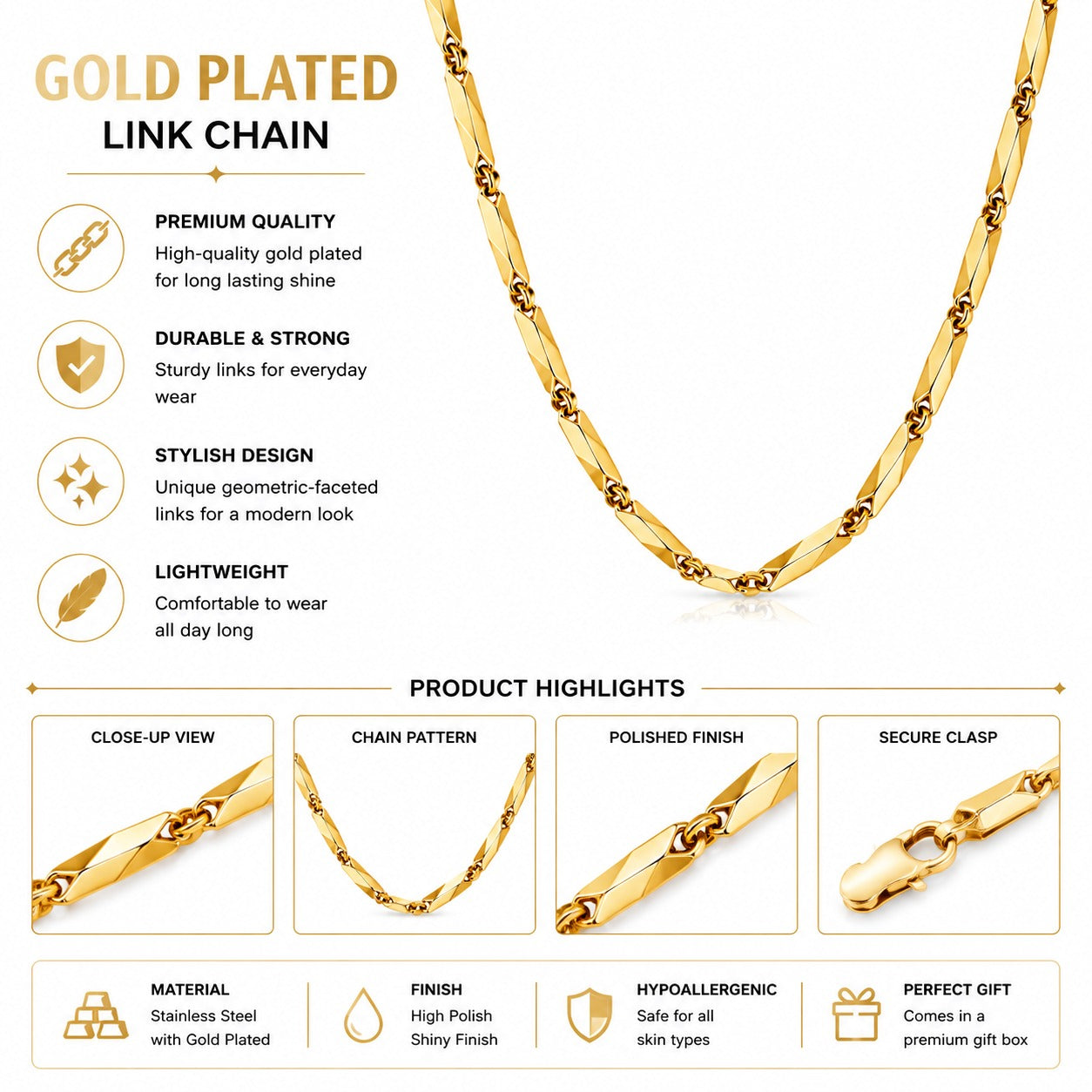 Gold Link Chain Necklace For Men & Women