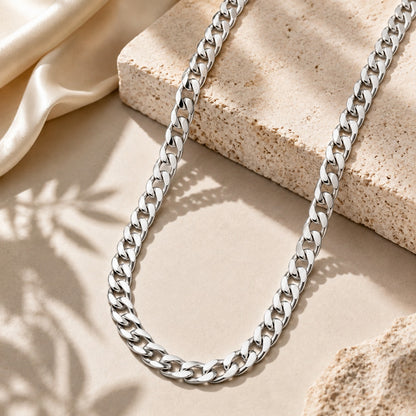 Silver Stainless Steel Curb Chain For Men (21.5 Inch)