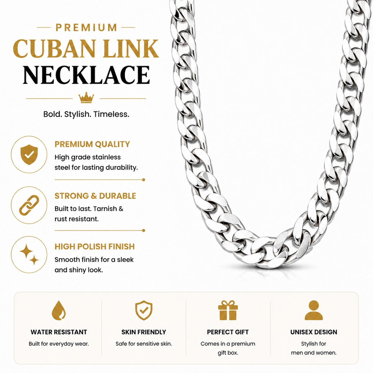 Silver Stainless Steel Curb Chain For Men (21.5 Inch)